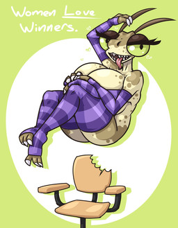 4_arms antennae_(anatomy) anthro arm_warmers armwear big_breasts bite_mark breasts chair claws clothing compound_eyes dialogue eyelashes female footwear furniture legwear levitation multi_arm multi_limb non-mammal_breasts sharp_teeth socks solo teeth text thigh_highs thigh_socks tongue limebreaker limbo_of_the_lost the_mystery_of_the_druids arthropod insect mantis wood_gator english_text hi_res meme
