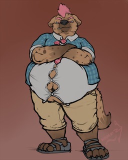 4_toes anthro belly big_belly biped black_claws black_nose blue_clothing blue_shirt blue_topwear bottomwear brown_background brown_body brown_fur brown_spots brown_tail claws clothed clothing collared_shirt crossed_arms dress_shirt ears_down eyebrows feet flannel footwear front_view fully_clothed fur grey_clothing grey_footwear grumpy hair looking_at_viewer male markings mohawk multicolored_body multicolored_fur multicolored_tail navel necktie overweight overweight_anthro overweight_male pattern_clothing pattern_topwear pink_eyes pink_hair pivoted_ears plaid plaid_clothing plaid_topwear plantigrade sandals shirt shoes short_hair shorts simple_background solo spots spotted_body spotted_fur standing tail tan_body tan_bottomwear tan_clothing tan_fur tan_shorts tan_tail toe_claws toes topwear two_tone_body two_tone_fur two_tone_tail white_clothing white_shirt white_topwear nommz raf_(indigorho) hyena mammal spotted_hyena 2017 4:5 digital_media_(artwork) full-length_portrait hi_res portrait signature