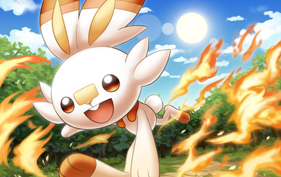 ambiguous_gender cloud day fire grass long_ears open_mouth open_smile plant running smile solo sun tree hakuginnosora nintendo pokemon generation_8_pokemon pokemon_(species) scorbunny 2020