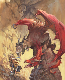ambiguous_gender blonde_hair book brown_body brown_clothing brown_fur claws clothing duo feral fur hair holding_melee_weapon holding_object holding_sword holding_weapon horn looking_up melee_weapon membrane_(anatomy) membranous_wings multi_head open_mouth red_body rock_wall scabbard sharp_teeth sitting size_difference sword tail teeth weapon wings jesper_ejsing mythology bovid caprine chimera dragon felid goat human lion mammal mythological_creature mythological_scalie pantherine scalie 2009 hi_res