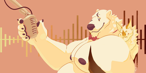 abstract_background anthro anthro_on_anthro belly big_belly black_nipples bow_tie cheek_tuft chest_tuft closed_smile duo electronics eyes_closed facial_tuft fangs fur holding_microphone holding_object hug hugging_another hugging_from_behind looking_at_viewer male male/male microphone moobs mouth_closed narrowed_eyes neck_tuft nipples nude obese obese_anthro obese_male overweight overweight_anthro overweight_male smile teeth tuft white_body white_fur chocolateandmilk bat bear mammal polar_bear ursine hi_res