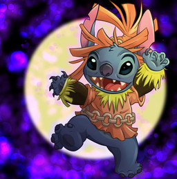 4_fingers 4_toes blue_body blue_claws blue_eyes blue_fur blue_pawpads bottomless claws clothed clothing cosplay crossover_cosplay feet fingers fur head_tuft male moon notched_ear on_one_leg open_mouth open_smile pawpads purple_nose raised_leg smile solo standing toes tuft mazzy-elf disney lilo_and_stitch majora's_mask nintendo the_legend_of_zelda skull_kid_(character) stitch_(lilo_and_stitch) alien experiment_(lilo_and_stitch) 2015 crossover digital_media_(artwork)