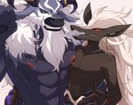 4_toes anthro baryon_(elsword) black_body black_sclera duo ear_piercing ear_ring feet hair male male/male muscular muscular_male nipples piercing ring_piercing size_difference squish toes white_hair yellow_eyes shixiexiaomo elsword baryon hadron bovid bovine mammal