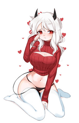 black_clothing black_horn black_panties black_underwear blush bodily_fluids breasts cleavage_cutout clothed clothing crying cutout female footwear hair heart_symbol horn kneeling legwear light_body light_skin navel not_furry panties red_clothing red_eyes red_sweater red_topwear simple_background sitting socks solo spade_tail sweater tail tears thigh_highs thigh_socks topwear underwear white_background white_clothing white_footwear white_hair white_legwear white_socks white_thigh_highs white_thigh_socks fredek666 helltaker modeus_(helltaker) demon demon_humanoid humanoid digital_media_(artwork) full-length_portrait hi_res portrait shaded soft_shading
