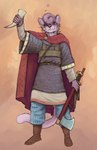 anthro axe cape chainmail clothing drinking_horn drunk fur greeting_viewer holding_axe holding_melee_weapon holding_object holding_sword holding_weapon horn looking_at_viewer male medieval_armor medieval_clothing melee_weapon pink_body pink_fur scabbard sheathed_sword solo substance_intoxication sword text weapon banoncat cougar felid feline mammal 2022 english_text hi_res