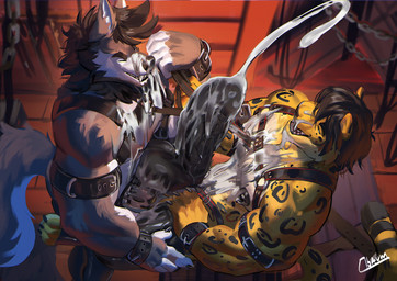 abs anal anal_orgasm anal_penetration anthro anthro_on_anthro anthro_penetrated anthro_penetrating anthro_penetrating_anthro armband aroused aroused_by_another aroused_face aroused_male aroused_smile balls balls_deep bdsm bdsm_gear bdsm_outfit bdsm_room beard bedroom_eyes biceps big_balls big_muscles big_penis black_armband black_balls black_beard black_boots black_clothing black_facial_hair black_footwear black_hair black_harness black_leather black_legband black_nose black_penis black_sideburns black_wristband bodily_fluids bondage bondage_gear boots bound butt claws clothed clothing cocky cocky_grin cum cum_drip cum_dripping_from_penis cum_from_ass cum_from_penis cum_in_ass cum_inside cum_on_another cum_on_another's_belly cum_on_another's_butt cum_on_another's_chest cum_on_balls cum_on_belly cum_on_body cum_on_boots cum_on_butt cum_on_chest cum_on_clothing cum_on_face cum_on_footwear cum_on_own_balls cum_on_own_belly cum_on_own_chest cum_on_own_face cum_on_own_penis cum_on_own_snout cum_on_partner cum_on_partner's_belly cum_on_partner's_butt cum_on_partner's_chest cum_on_partner's_face cum_on_penis cum_on_self cum_on_snout cum_while_penetrated cumming_from_anal_sex cumming_from_penetration cumshot dominant dominant_anthro dominant_male double_cumshot dripping duo ejaculating_on_another ejaculating_on_self ejaculating_while_penetrating ejaculation ejaculation_while_penetrating erection erection_while_penetrated excessive_cum excessive_genital_fluids eyes_closed facial_hair fangs flirting flirting_look footwear from_front_position fur genital_fluids genitals glistening glistening_hair grey_body grey_fur grin grinning_at_partner hair hand_on_leg hands-free harness high-angle_view holding_another holding_another's_leg holding_leash holding_leg holding_leg_up holding_object holding_partner holding_partner's_leg huge_balls huge_penis humanoid_genitalia humanoid_penis humping hyper hyper_balls hyper_genitalia hyper_penis leash leash_pull leashed_male leather leather_armband leather_boots leather_clothing leather_footwear leather_harness leather_legband leather_wristband legband looking_at_another looking_at_partner looking_pleasured lying male male/male male_penetrated male_penetrating male_penetrating_male manly markings missionary_position multi_cumshot multicolored_body multicolored_fur muscular muscular_anthro muscular_male narrowed_eyes nipple_piercing nipples on_back orange_body orange_fur orgasm orgasm_face partially_clothed partially_clothed_anthro partially_clothed_male pecs penetration penile penile_penetration penile_spines penis piercing pounding_ass seductive sex sex_dungeon shadow shoes sideburns simultaneous_orgasms sitting smile spread_legs spreading standing striped_body striped_fur striped_markings striped_tail stripes submissive submissive_anthro submissive_male tail tail_markings teeth thick_arms thrusting thrusting_forward two_tone_body two_tone_fur white_body white_fur goldeneyeuro obaum kai_tak_(goldeneyeuro) kayde_(kaydewolf) canid canine canis felid jaguar mammal pantherine wolf hi_res