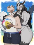 anthro bikini biped black_body black_fur blush breasts brown_body brown_fur clothing duo ear_piercing female fur grey_body grey_fur heart_symbol jewelry male open_mouth piercing question_mark red_eyes swimming_trunks swimwear two-piece_swimsuit baburusushi nintendo pokemon generation_3_pokemon generation_7_pokemon mightyena pokemon_(species) rockruff 3:4 hi_res