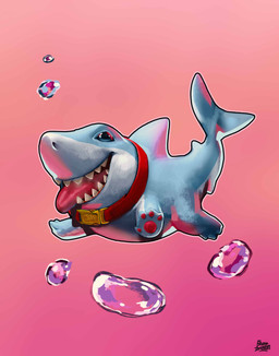 blue_body collar feral gradient_background male midair pawpads pink_background simple_background smile solo teeth tongue tongue_out water water_droplets shaneinvasion jeff_the_land_shark aquatic fish shark absurd_res hi_res signature
