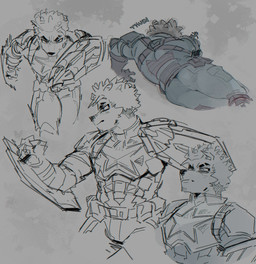 anthro armor biped butt clothed clothing ears_front fingers fist fur grey_background hair male mouth_closed on_ground rear_view simple_background solo sound_effects standing goonie-san goon_(goonie_san) canid canine canis domestic_dog mammal hi_res