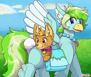 ageplay antlers beak blue_body blue_sky clothed clothing cloud day diaper duo feathered_wings feathers female female_feral feral green_hair hair horn infantilism male male_feral outside pink_eyes plant purple_eyes roleplay shrub side_view sky smile wearing_diaper white_diaper wings riddlr omen_(sambo48) animate_inanimate avian deer diaper_creature mammal hi_res