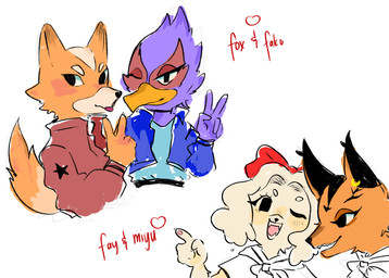 anthro beak black_nose blue_body blue_feathers duo fangs feathers female fur gesture hair half-closed_eyes hand_gesture male melofrio narrowed_eyes one_eye_closed orange_body orange_fur pawpads pointing red_body red_feathers teeth v_sign white_body white_fur white_hair nintendo star_fox falco_lombardi fay_(star_fox) fox_mccloud miyu_(star_fox) avian canid canine canis domestic_dog felid feline fox lynx mammal hi_res multiple_images