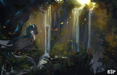 blue_eyes cave feral fur male mountain plant sitting solo waterfall small_boop mythology kyu_(oc) dragon mythological_creature mythological_scalie scalie 14:9 hi_res