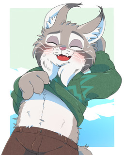3_fingers anthro biped blush blush_lines bodily_fluids border bottomwear brown_bottomwear brown_clothing brown_pants claws clothed clothed_anthro clothed_male clothing clothing_lift ear_tuft eyebrows eyes_closed fangs finger_claws fingers fur green_clothing green_sweater green_topwear grey_body grey_eyebrows grey_fur grey_tail inner_ear_fluff male male_anthro multicolored_body multicolored_fur navel open_mouth open_smile outside_border pants pink_nose smile solo sweat sweater sweater_lift tail teeth tongue tongue_showing topwear tuft whiskers white_body white_border white_fur white_inner_ear_fluff white_whiskers kemoizumi disney zootopia pawbert_lynxley canada_lynx felid feline lynx mammal 2025 4:5 digital_media_(artwork) hi_res japanese_description