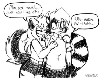 anthro arm_around_another arm_around_shoulders black_bottomwear black_clothing black_pants black_shorts blush blush_lines bottomwear breasts canon_x_oc cleavage clothed clothing collared_shirt dialogue duo eyewear fangs female flirting glasses hand_on_chest hand_on_shoulder licking licking_lips male male/female nervous open_mouth pants raised_tail seductive shirt shorts speech_bubble stuttering style_emulation surprised tail tank_top teeth tongue tongue_out topwear wearing_glasses berketex sabrina_online emma_(berketex) richard_conrad canid canine dhole mammal procyonid raccoon hi_res monochrome sketch
