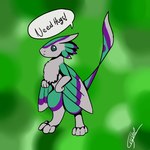 anthro chest_tuft dialogue digitigrade feathers fur furranystudio green_eyes green_markings grey_body grey_fur male markings myah3 purple_markings raised_tail solo tail text tuft eitami avali avian 1:1 english_text hi_res