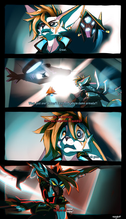 anthro blue_body blue_fur clothed clothed_anthro clothed_male clothing cybernetic_eye cybernetics dialogue ear_piercing ear_ring flying_vehicle freckled_face freckles fur gold_(metal) gold_jewelry hair jewelry machine magic magic_user male piercing ring_piercing scared_eyes simple_background smile spellcasting standing text vehicle white_body white_fur noxybutt cheedi_(ralek) kip_(noxy) avian canid canine felid feline fox mammal absurd_res comic digital_drawing_(artwork) digital_media_(artwork) hi_res huge_filesize shaded signature subtitled