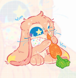 ambiguous_gender band-aid band-aid_on_face band-aid_on_nose bandage bandage_on_face bandage_on_nose carrot dewlap_(anatomy) eating feral floppy_ears food holding_carrot holding_food holding_object holding_vegetable lop_ears markings plant solo star_(marking) star_eyes vegetable takoya_de domestic_rabbit lagomorph leporid lop_rabbit mammal oryctolagus rabbit hi_res