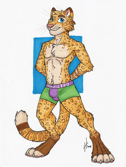 anthro blue_eyes bottomwear bulge chest_tuft closed_smile clothed clothing facial_spots front_view fur glistening glistening_eyes green_bottomwear green_clothing looking_at_viewer male male_anthro markings mouth_closed pink_nose purple_bottomwear purple_clothing simple_background slim_anthro slim_male smile solo spotted_arms spotted_face spotted_legs standing striped_arms striped_markings striped_tail stripes tail tail_markings tan_body tan_fur topless tuft whiskers yellow_body yellow_fur hufnaar felid mammal 2018 dated full-length_portrait hi_res portrait