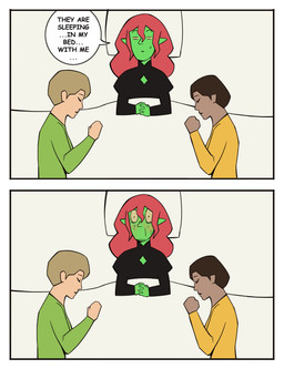 ambiguous_gender bed bed_covers bedding black_clothing black_topwear blush blush_lines bodily_fluids brown_hair clothed clothed_ambiguous clothed_human clothed_humanoid clothing dialogue front_view furniture green_body green_clothing green_topwear group hair humanoid_pointy_ears interlocked_fingers lying lying_on_bed medium_comic nervous nervous_sweat on_back on_bed on_side pillow pointy_ears realization red_hair shocked sleeping speech_bubble sweat sweaty_face text topwear trio wide_eyed yellow_clothing yellow_topwear bonnymama7 elphaba_(bonnymama7) human humanoid mammal 2025 absurd_res comic digital_drawing_(artwork) digital_media_(artwork) end_page english_text half-length_portrait hi_res portrait female_(lore)