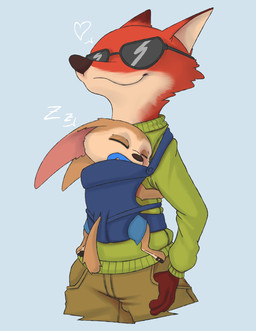 anthro baby_carrier bottomwear clothing duo eyewear fur heart_symbol male orange_body orange_fur pacifier pockets simple_background sleeping sunglasses sweater tan_body tan_fur thumb_in_pocket topwear kuuneho disney zootopia finnick_(zootopia) nick_wilde canid canine fennec_fox fox mammal red_fox true_fox 2020 absurd_res hi_res