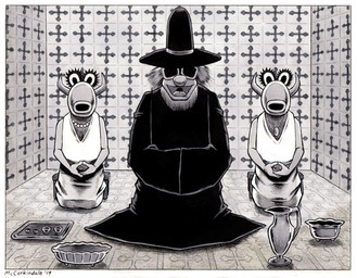 border clothed clothing cross eyewear female gem group hat headgear headwear jewelry kneeling male necklace parody pearl_(gem) sunglasses text white_border bruce_mccorkindale muppets the_holy_mountain the_muppet_show mahna_mahna the_alchemist_(character) the_snowths muppet 2019 artist_name crossover greyscale hi_res mixed_media monochrome signature