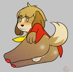 anthro balls blush butt clothed clothing dog_tail genitals male partially_clothed paws presenting presenting_hindquarters simple_background solo yosshidoragon animal_crossing nintendo digby_(animal_crossing) canid canine canis domestic_dog mammal