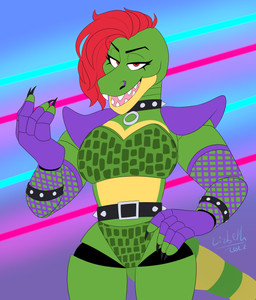 anthro armwear belt blue_background bottomwear bracelet claws clothing collar crossgender elbow_gloves eyelashes female fingers fishnet_armwear fishnet_clothing gloves green_body green_bottomwear green_clothing green_topwear hair hand_on_hip handwear jewelry looking_at_viewer machine mtf_crossgender open_mouth purple_background purple_clothing purple_gloves purple_handwear red_eyes red_hair sharp_teeth shoulder_pads simple_background solo spiked_belt spiked_collar spikes studded_bracelet studded_jewelry studs teeth thick_thighs topwear wide_hips yellow_body paeonypetals five_nights_at_freddy's five_nights_at_freddy's:_security_breach scottgames steel_wool_studios montgomery_gator alligator alligatorid animatronic crocodilian reptile robot scalie 2022 absurd_res digital_media_(artwork) hi_res