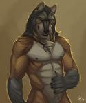 abs anthro athletic biceps big_muscles biped black_nipples black_nose brown_body brown_fur chest_tuft claws ear_piercing fangs fur green_eyes grey_body grey_fur grin jewelry looking_at_viewer male manly markings muscular muscular_anthro muscular_male necklace nipples nude pecs piercing pose smile smirk solo standing teeth tuft rrowdybeast canid canine canis domestic_dog mammal wolf 2012 2013 5:6