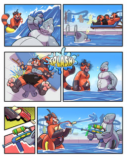 air_valve air_valve_navel amusement_park anthro anthro_to_inanimate belly brown_body brown_fur duo fur grey_body handles_on_thighs humanoid_hands inanimate_transformation inflatable laughing_at_another male markings orange_body orange_fur partially_submerged pawpads pink_pawpads pool ring_(marking) ringed_tail sleeping smile smiling_at_another standing_in_water striped_markings striped_tail stripes tail tail_markings toy toy_gun transformation water_gun water_park alsif_santoso ailurid animate_inanimate fish hybrid living_inflatable mammal marine red_panda shark 2025 comic digital_drawing_(artwork) digital_media_(artwork) english_description hi_res one_page_comic