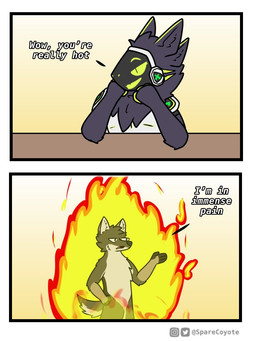 anthro black_body black_fur brown_body brown_fur burning dialogue duo fire flirting fur grey_body grey_fur humor machine male protogen_visor pun screen screen_face text sparecoyote spare_(sparecoyote) canid canine canis coyote mammal protogen 3:4 comic english_text meme