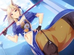 4:3 asian_clothing blonde_hair centaur clothing east_asian_clothing equid equid_taur european_mythology female greek_mythology hair humanoid_taur japanese_clothing kimono mammal mammal_taur melee_weapon monster_girl_(genre) mythology polearm sei_monmusu_gakuen solo staff taur vanadis weapon