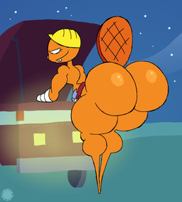 anthro armor bandage bandaged_arm belt big_butt bottom_heavy bubble_butt buckteeth butt curvy_figure eyelashes featureless_feet feet femboy fur glistening glistening_butt half-closed_eyes hammer hard_hat headgear helmet huge_butt logo looking_down male narrowed_eyes night orange_body orange_fur raised_tail rear_view small_waist smile solo tail teeth text thick_thighs tools truck vehicle thatdawgmurray happy_tree_friends handy_(htf) beaver mammal rodent aliasing artist_logo artist_name digital_media_(artwork) hi_res signature