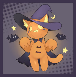 3_toes anthro black_clothing black_robe clothing featureless_crotch feet fur grey_background hat headgear headwear holidays inner_ear_fluff jack-o'-lantern looking_at_viewer nude open_mouth open_smile orange_body orange_fur robe simple_background smile solo standing tail toes torn_clothing torn_robe tuft witch_hat 1627point halloween bat domestic_cat felid feline felis hybrid mammal 2025 hi_res