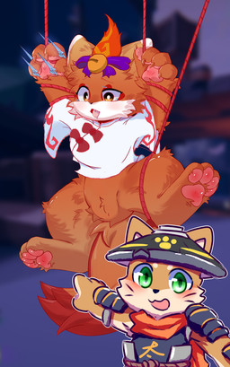 4_toes anthro asian_clothing bdsm bell blush bodily_fluids bondage bound bow_ribbon claws clothing crying duo east_asian_clothing eyeshadow feet female fur green_eyes hat headgear headwear japanese_clothing jingle_bell kemono makeup male miko_outfit nails orange_body orange_fur pawpads paws red_eyeshadow saliva tail tears toes tongue white_body white_fur yellow_body yellow_eyes yellow_fur veekamon gunfire_reborn two_soyjaks_pointing crown_prince_(gunfire_reborn) li_(gunfire_reborn) canid canine domestic_cat felid feline felis fox mammal hi_res meme
