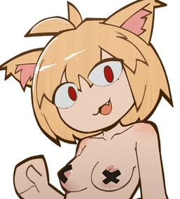 ahoge areola areola_slip blonde_hair cute_fangs eye_through_hair fangs female female_humanoid hair looking_at_viewer mostly_nude nipple_slip nipple_tape noseless open_:3 pasties red_eyes simple_background solo tape teeth translucent translucent_hair waving_hand white_background lunny_sketch tsukihime type-moon neco-arc animal_humanoid cat_humanoid felid felid_humanoid feline feline_humanoid humanoid mammal mammal_humanoid 2024 absurd_res digital_media_(artwork) half-length_portrait hi_res portrait
