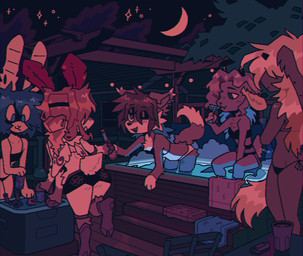 2_horns 4_arms anthro beverage bikini blue_hair bong clothing cooler drinking drugs eyeshadow female group hair horn hot_tub makeup moon multi_arm multi_limb night one_eye_closed outside panties sitting soda standing steam swimming_pool swimwear towel two-piece_swimsuit underwear water wink deceased_bunny august_(fidget) harley_(deceased_bunny) ramiel_(deceased_bunny) arthropod bovid canid canine canis caprine domestic_dog goat insect lagomorph lepidopteran leporid mammal moth rabbit chromatic_aberration