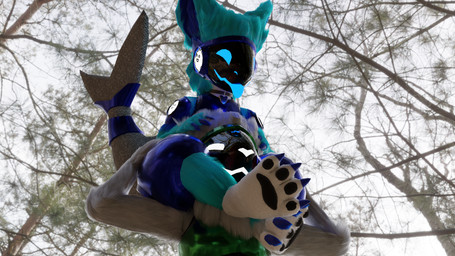 anthro black_pawpads blep blue_body blue_eyes blue_fur blue_inner_ear blue_tongue claws collar countershade_neck countershading cybernetic_face cybernetics duo fur green_body grey_body grey_fur hand_on_head leg_grab leg_markings machine male male/male markings neck_tuft pawpads paws photo_background plant screen screen_face shark_tail socks_(marking) squish thigh_grab thigh_squish toe_claws tongue tongue_out tree tuft white_body white_countershading white_eyes white_markings white_nose 1nar protogen 16:9 3d_(artwork) absurd_res digital_media_(artwork) hi_res huge_filesize mixed_media photography_(artwork) widescreen