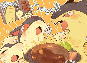 ambiguous_gender blush blush_lines bodily_fluids cutlery drooling eyes_closed fangs feral food fork group holding_fork holding_object kitchen_utensils multicolored_body open_mouth paws red_eyes saliva simple_background sparkles star_symbol sweat teeth text tongue tools trio two_tone_body batten12 nintendo pokemon cyndaquil generation_2_pokemon pokemon_(species) quilava typhlosion 2026 japanese_text signature