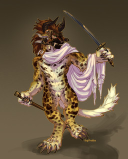 4_horns andromorph anthro brown_background brown_hair cape cape_only claws clothing countershade_arms countershade_torso countershading fangs fur genitals green_sclera hair holding_melee_weapon holding_object holding_sword holding_weapon horn intersex markings melee_weapon mostly_nude mostly_nude_andromorph multi_horn nude simple_background solo spots spotted_body spotted_fur standing sword teeth vulva weapon white_body white_cape white_clothing white_fur yellow_body yellow_fur boypretties guild_wars charr felid mammal absurd_res hi_res female_(lore)