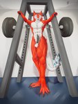 abs anthro athletic athletic_anthro athletic_male balls barbell biceps erection exercise fingers fur genitals gym leg_muscles looking_at_viewer male muscular muscular_anthro muscular_male nude open_mouth pecs penis smile smiling_at_viewer solo tail weights white_body white_fur workout conditional_dnp teremunart paegal sergal absurd_res hi_res