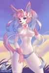 2019 anthro anthrofied blue_eyes breasts clothed clothing convenient_censorship digital_media_(artwork) eeveelution female generation_6_pokemon hair looking_at_viewer multicolored_hair navel nintendo open_mouth pigtails pokemon pokemon_(species) pokemorph satsukii signature solo sylveon topless two_tone_hair underwear