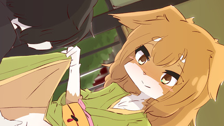 ambiguous_gender anthro blush bottomless clothed clothing clothing_lift duo female female/ambiguous inside loli smile young young_anthro aogitsune_jitto canid canine canis domestic_dog mammal 16:9 2020 animated animated_png loop widescreen