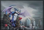 anthro balls blue_body bodily_fluids city cityscape clothing cum destruction erection feathered_wings feathers genital_fluids genitals landscape_dwarfing macro male red_eyes solo speedo swimwear tail train vehicle wings superagro bandai_namco digimon xbuimonsama digimon_(species) exveemon