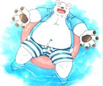 anthro belly big_belly blue_eyes blush bottomwear bulge clothed clothing eyes_closed hoodie humanoid_hands kemono lying male navel open_clothing open_hoodie open_topwear overweight overweight_male shorts solo swimwear topwear water white_body neco_no2 utau shirane_kan bear mammal polar_bear ursine 2022 hi_res