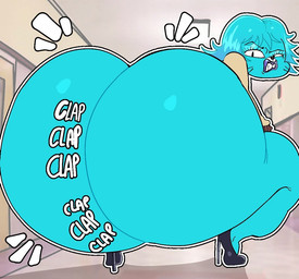 anthro big_butt blue_body blue_hair bottomless butt clothed clothing crouching footwear hair high_heels huge_butt huge_thighs hyper hyper_butt looking_at_viewer looking_back looking_back_at_viewer male onomatopoeia shirt shoes solo sound_effects text thick_thighs topwear twerking anothercat cartoon_network the_amazing_world_of_gumball gumball_watterson domestic_cat felid feline felis mammal english_text