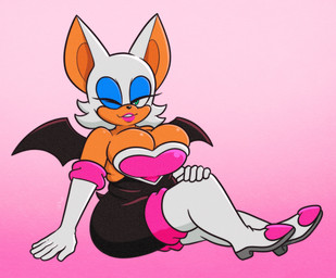 anthro big_breasts blue_eyeshadow bodysuit breasts cleavage clothed clothing eyeshadow female green_eyes hair lipstick looking_at_viewer makeup one_eye_closed skinsuit smile solo tight_clothing white_hair wings wink winking_at_viewer roboticsteve sega sonic_the_hedgehog_(series) rouge_the_bat bat mammal hi_res