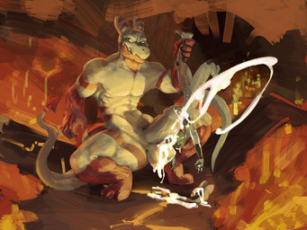 anthro balls bodily_fluids cum cum_drip cum_on_arm cum_on_balls cum_on_face cum_on_ground cum_on_hand cum_on_head cum_on_own_balls cum_on_own_penis cum_on_penis cum_on_self cum_string cumshot dripping duo ejaculation excessive_cum excessive_genital_fluids female genital_fluids genitals hell humanoid_genitalia humanoid_penis male male/female penis size_difference spade_tail tail sunhuiz dovak luna_(60percentscalie) demon lizard reptile scalie 4:3 hi_res
