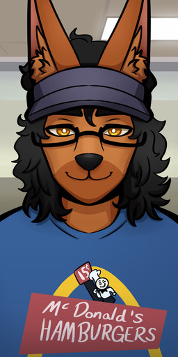 anthro blue_clothing blue_shirt blue_topwear brown_body brown_fur clothing employed eyewear fur glasses locked_in male shirt smile solo topwear visor work yellow_eyes eskart mcdonald's jonax_brown-fox canid canine fox mammal absurd_res hi_res