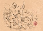 anthro bamboo barefoot bottomwear chest_tattoo clothing eyes_closed feet flower holding_bamboo male mostly_nude mouth_strap nature plant shorts sitting solo spikes tail tattoo zinthings dislyte lilith_games daylon_(dislyte) sobek crocodile crocodilian reptile scalie