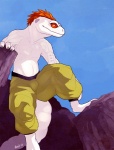 albino anthro barcode biceps blue_background bottomwear bulge claws clothed clothing cloud digitigrade feathers male muscular muscular_anthro muscular_male outside pants pecs prosthetic red_eyes rock simple_background sky solo topless amit eublepharid gecko leopard_gecko lizard reptile scalie 2013